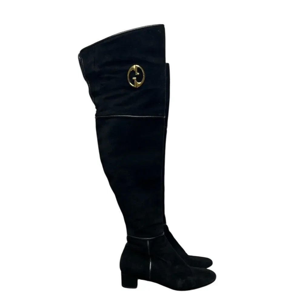 Gucci Black Suede Over the Knee Boots GG 1973 Logo Block Heel Shoes Size 38